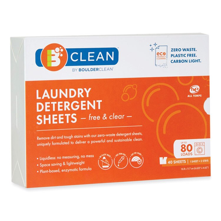 Boulder Clean Laundry Detergent Sheets, Free and Clear, 40/Pack, 12