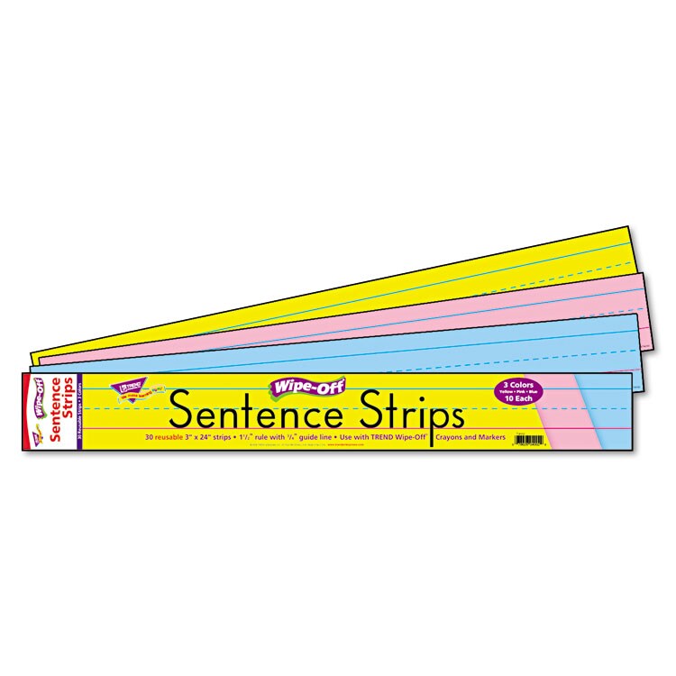 Wipe-Off Sentence Strips, 24 x 3, Blue; Pink; Yellow, 30/Pack Wipe-Off Sentence Strips, 24 x 3, Blue; Pink; Yellow, 30/Pack