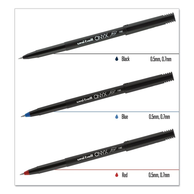ONYX Roller Ball Pen, Stick, Fine 0.7 mm, Blue Ink, Black/Blue Barrel, 72/Pack