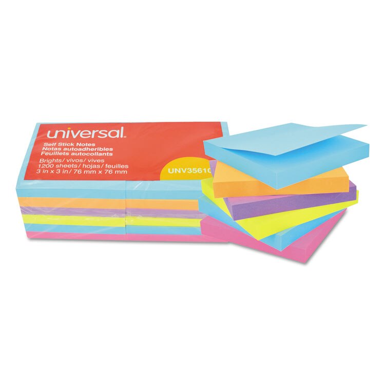 Universal® SelfStick Note Pads, 3 x 3, Assorted Bright Colors, 100
