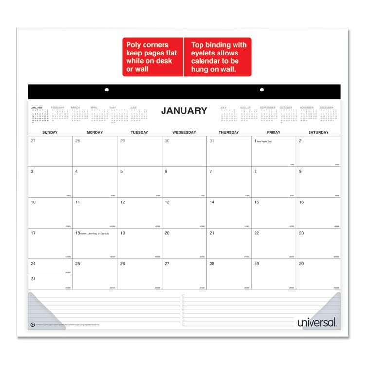 Universal® Desk Pad Calendar, 22 x 17, White/Black Sheets, Black